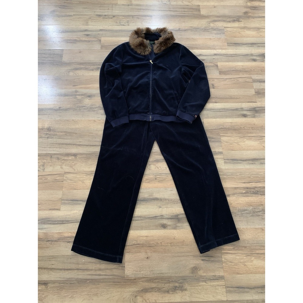 Y2K Ralph Lauren Petite Navy Velour Tracksuit Large Jacket Fur Woman Pants Med